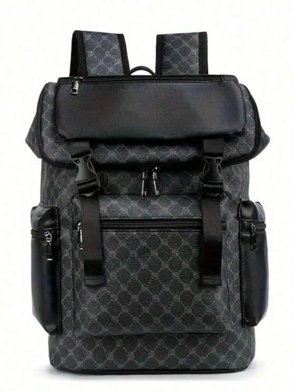 Men's Black Patterned Backpack with Leather Trim